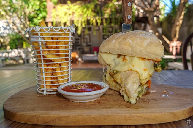 Пилешки бургер с пържени картофи - кулинарна фотография